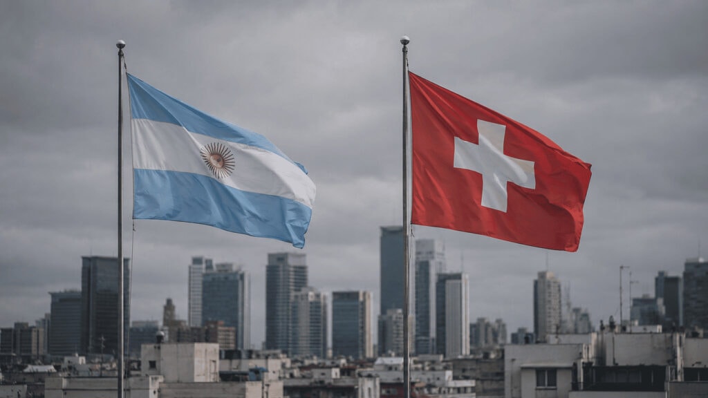 Split illustration contrasting Argentina and Switzerland with a football at the center, representing an economic comparison