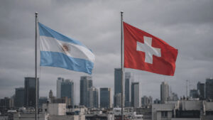 Split illustration contrasting Argentina and Switzerland with a football at the center, representing an economic comparison