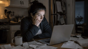 Person reviewing personal finances at a kitchen table at night, weighing passive income options