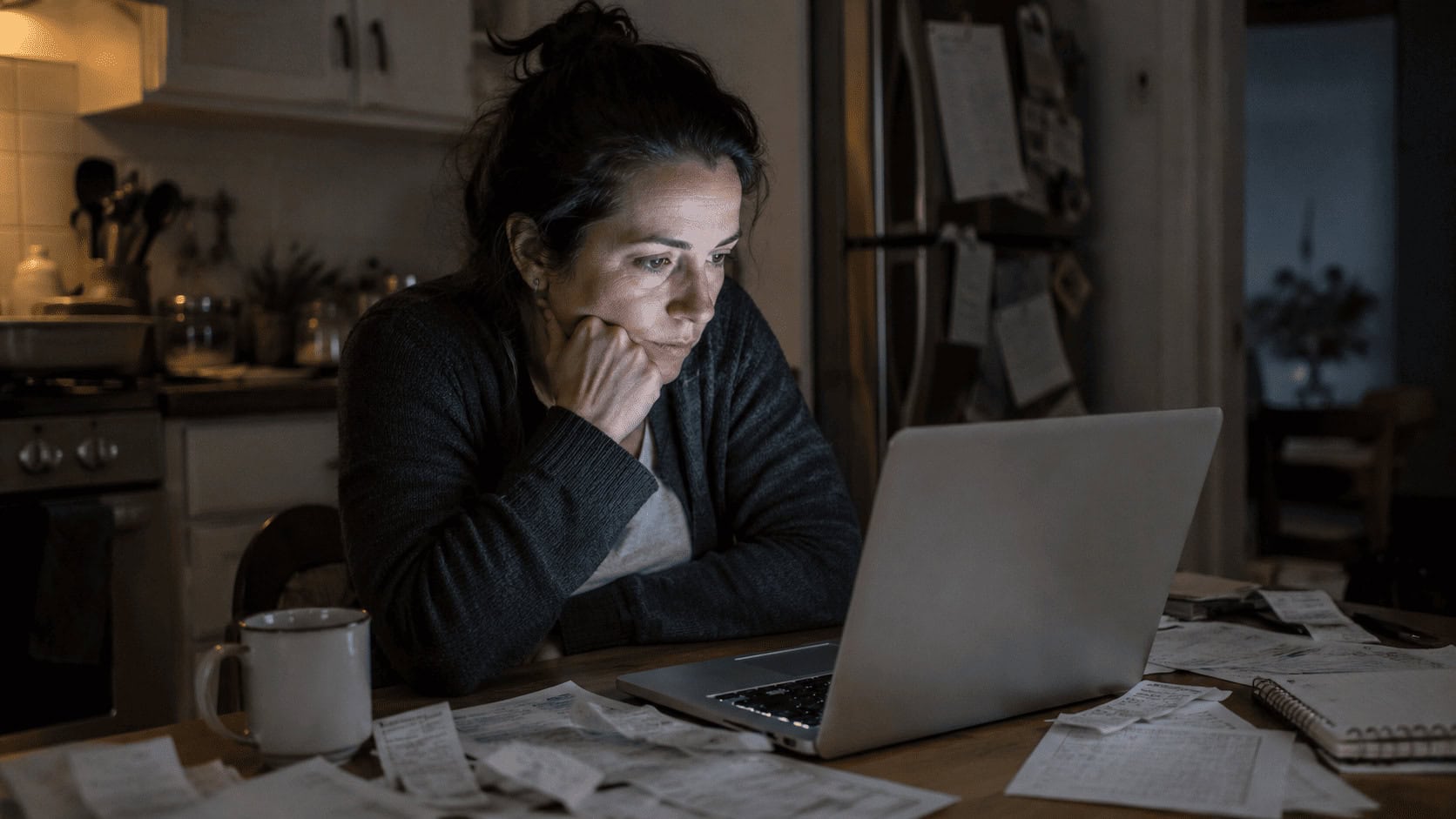 Person reviewing personal finances at a kitchen table at night, weighing passive income options
