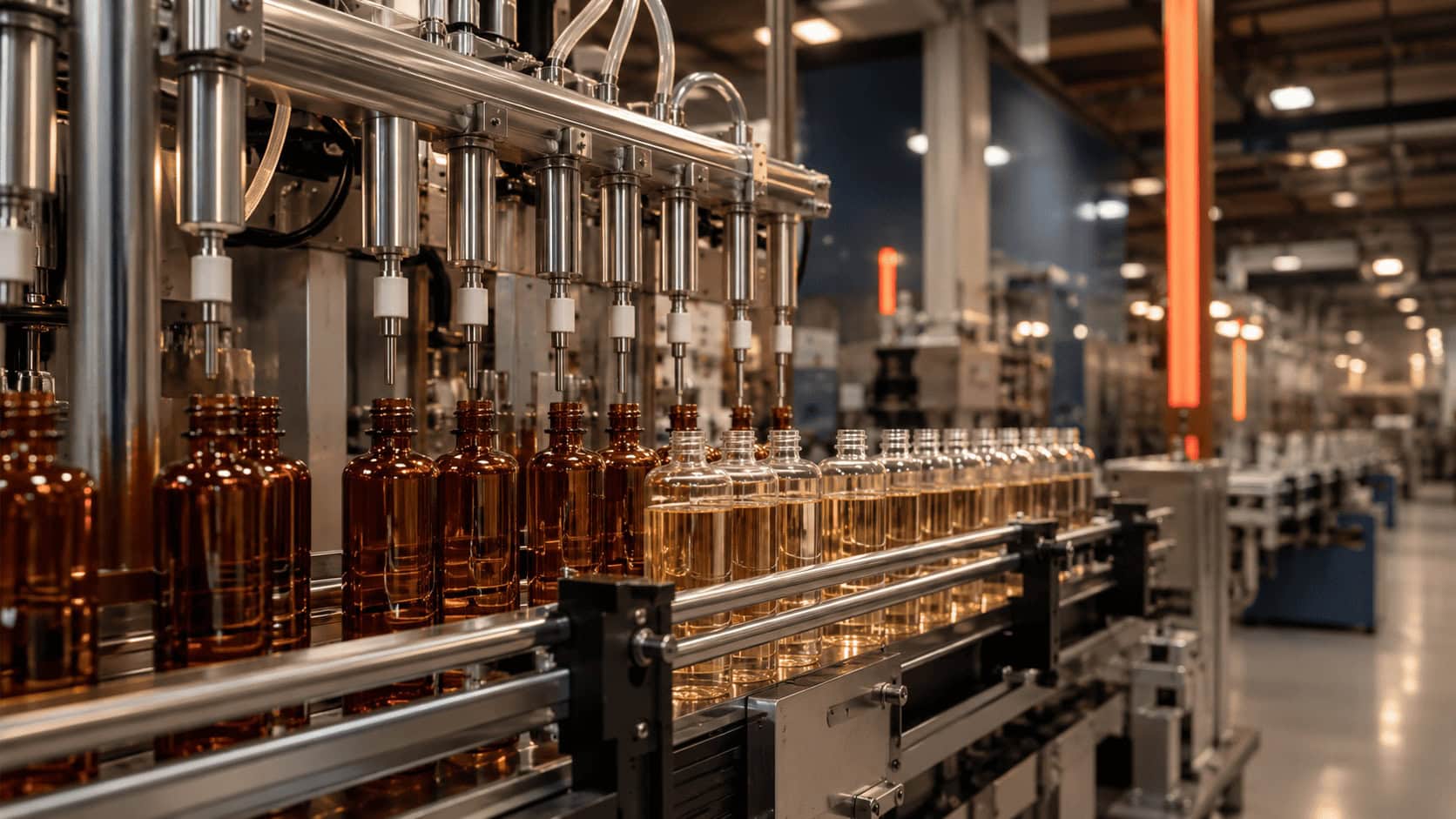 ragrance bottles on an automated filling line at a US manufacturing facility.