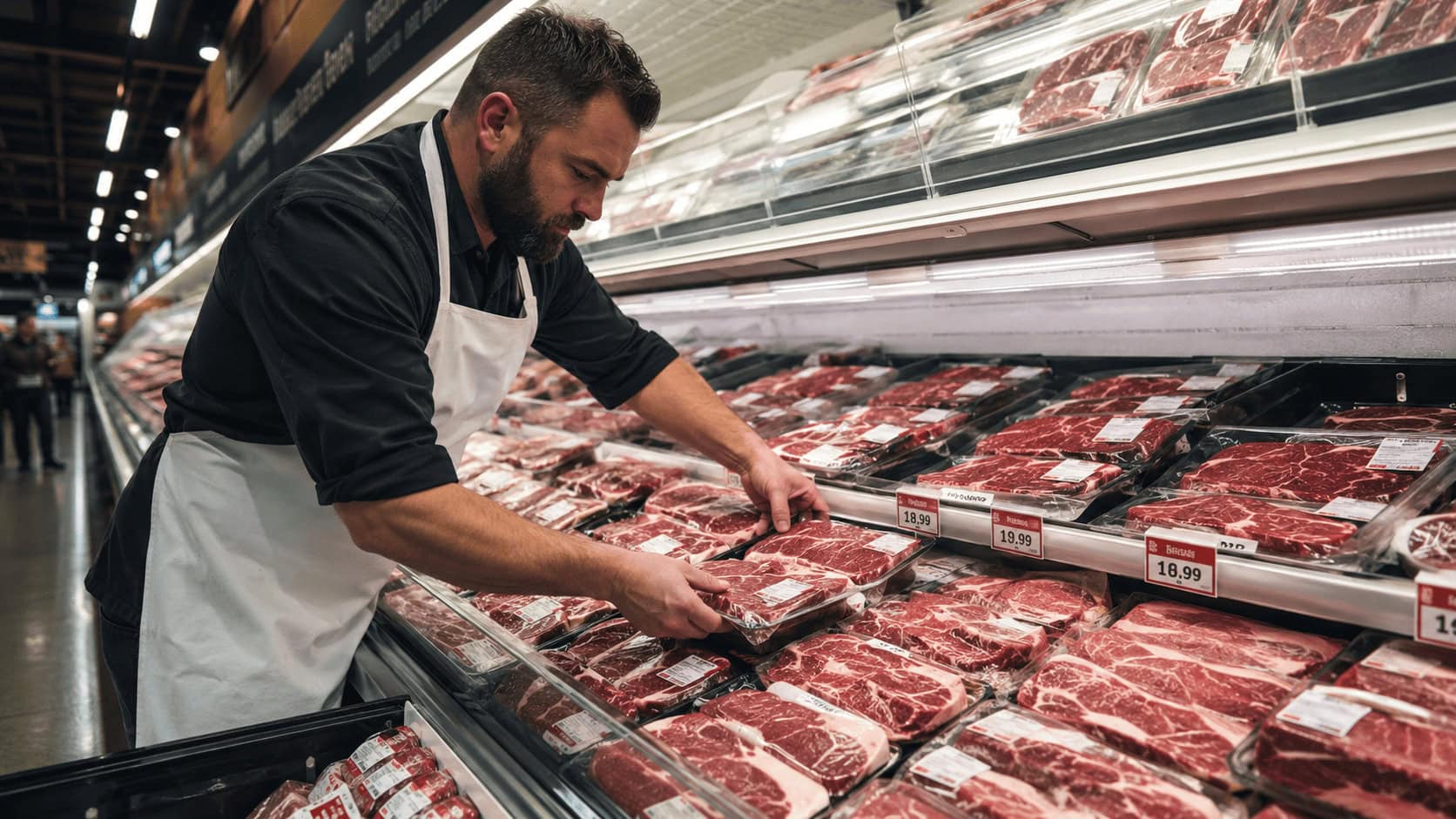 Packaged steaks and ground beef with price labels in a US grocery store refrigerated meat case, a shopper reaching for a cut.