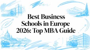 Illustration of European landmarks and business buildings for MBA guide.