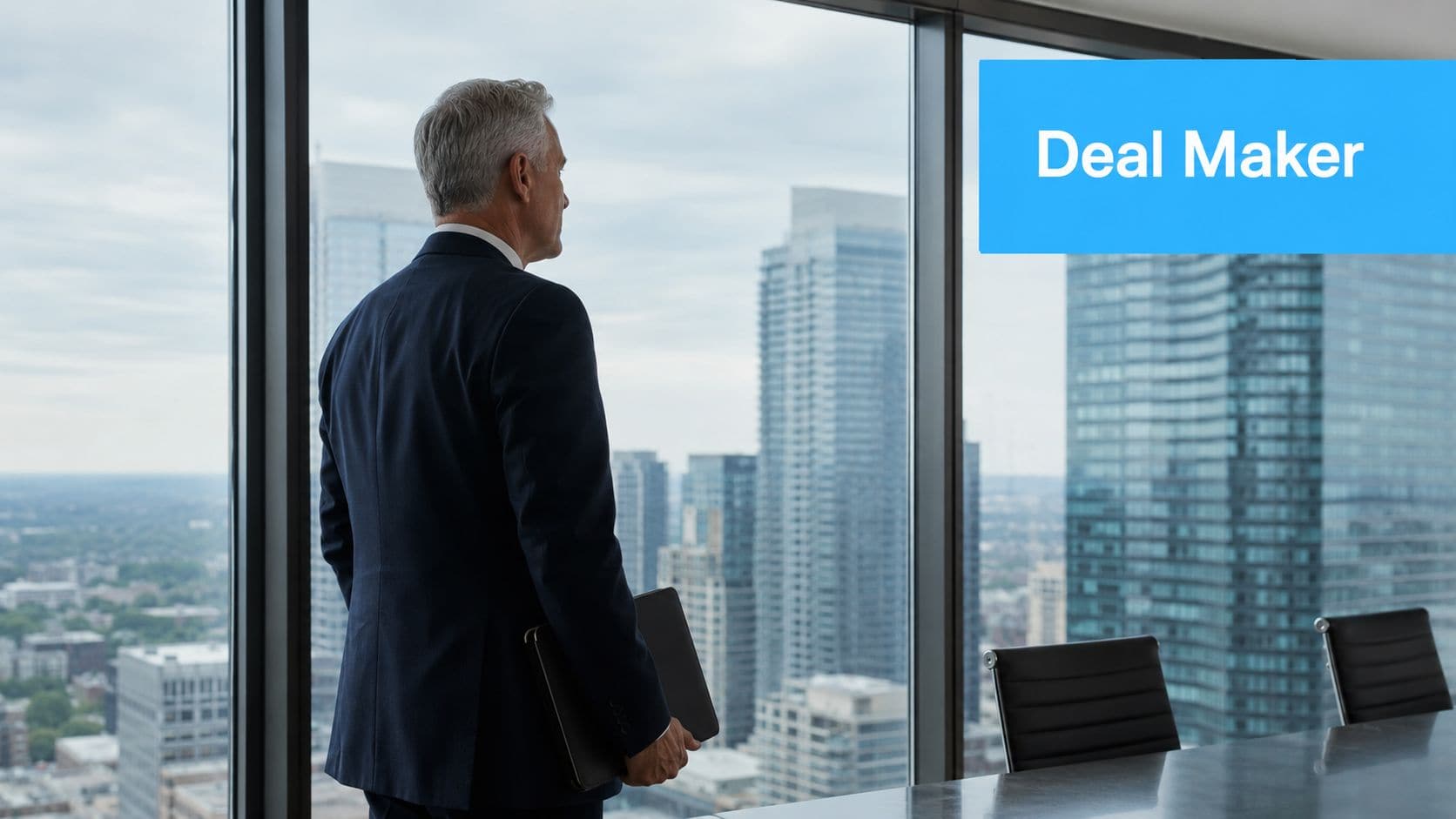 Business professional in high-rise office with city view and Deal Maker sign.