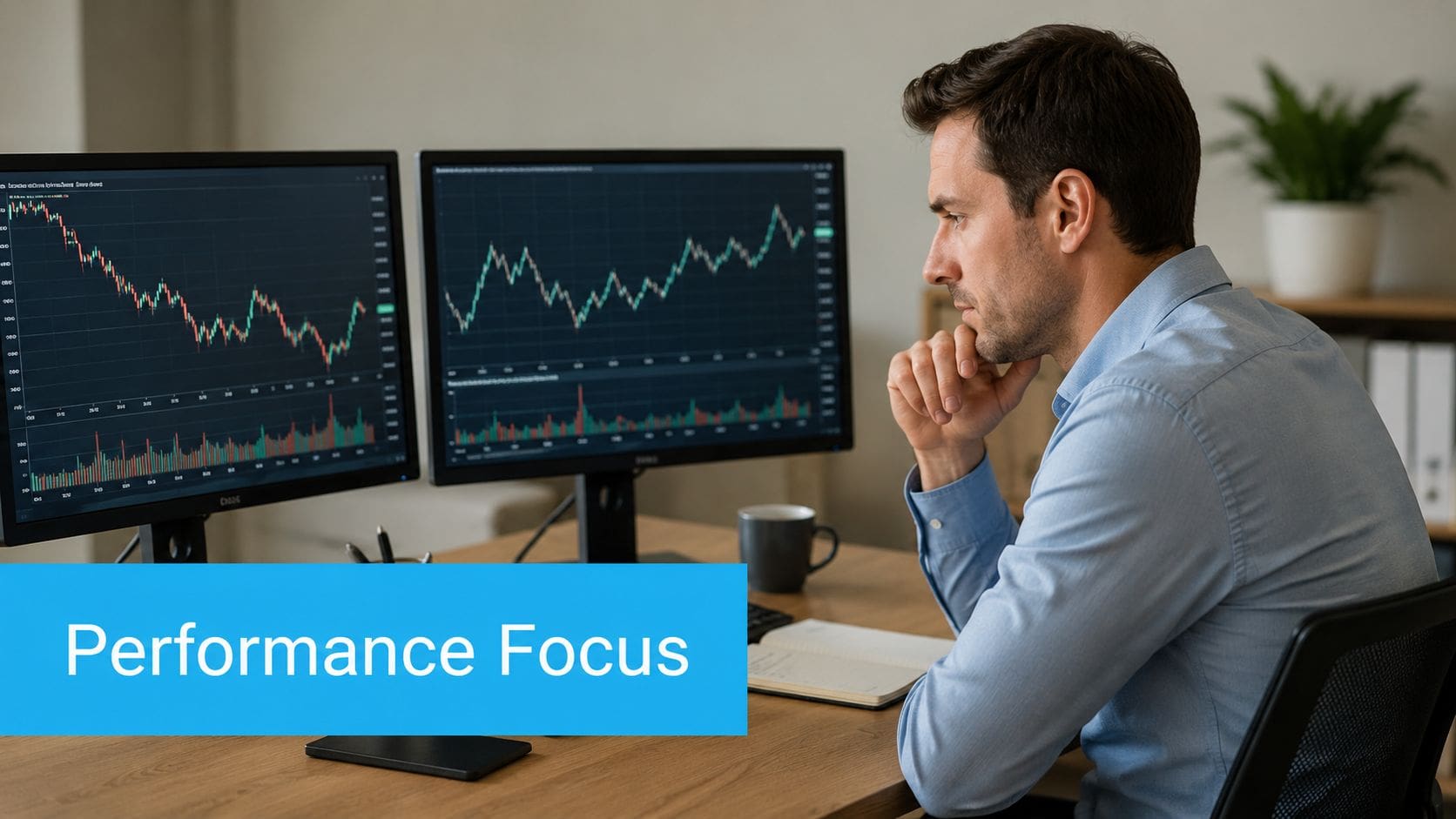 Business analyst analyzing financial charts on dual monitors for investment insights.