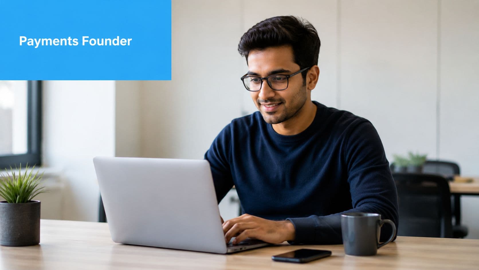 Young Payments Founder working on laptop in modern office setting.
