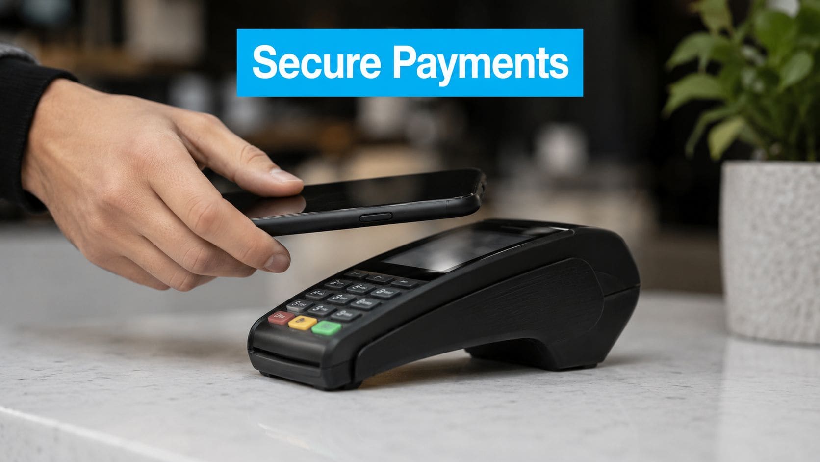 Person using smartphone for secure payment at point of sale.