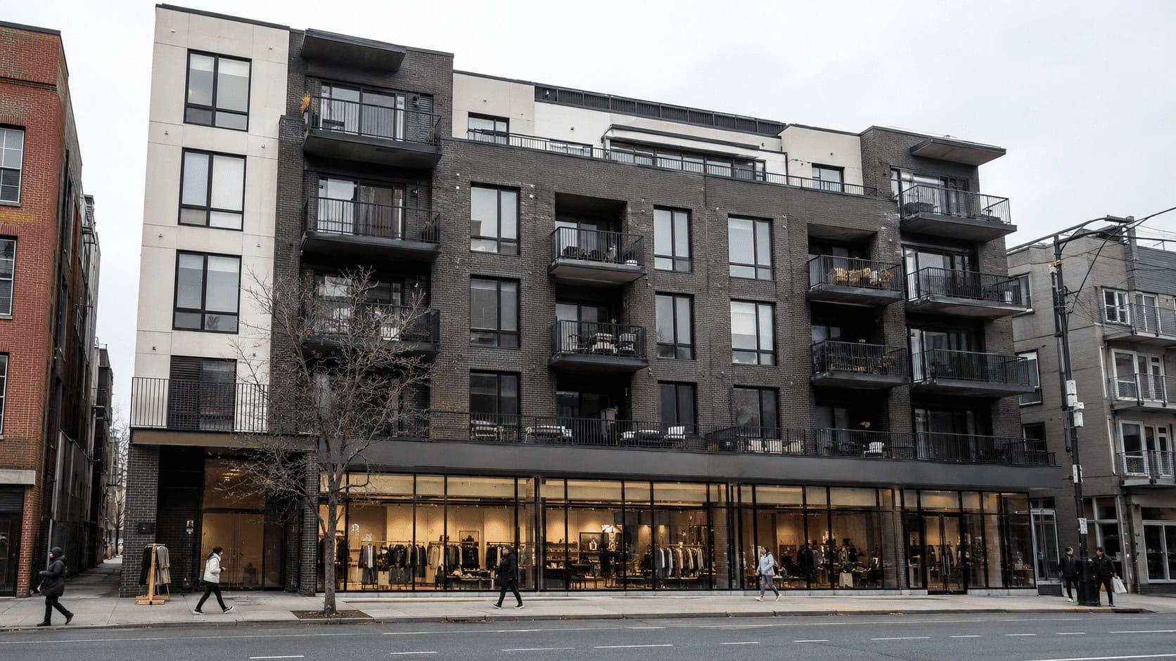 Mid-rise urban apartment building with a large ground-floor retail store, illustrating big-box retailers entering cities through affordable housing developments
