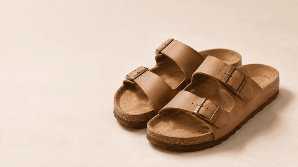 Pair of iconic Birkenstock cork-and-leather sandals on a neutral background, illustrating a 2026 SWOT analysis of Birkenstock.