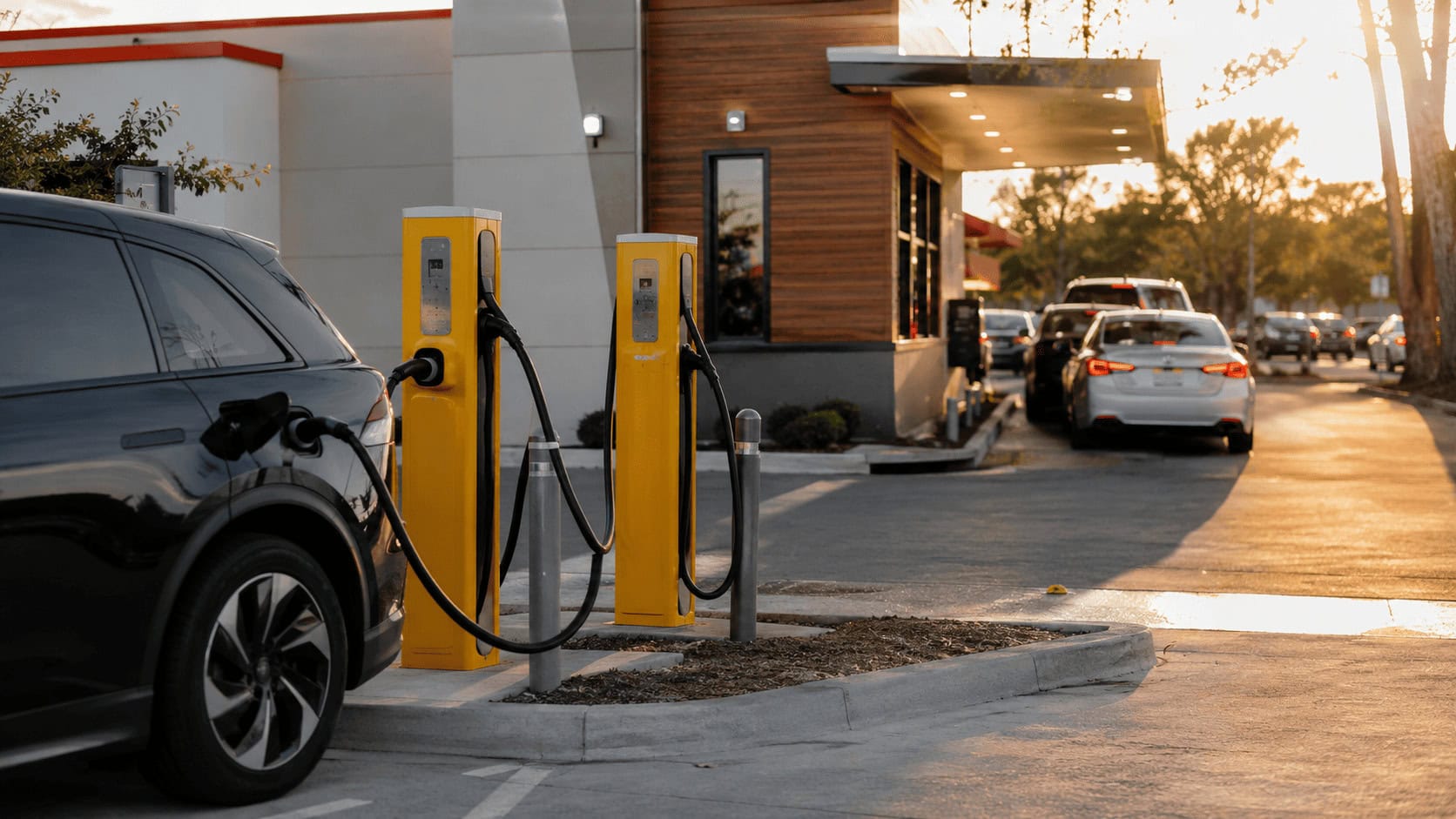 Yellow electric vehicle fast chargers in a fast-food restaurant parking lot in the American South, with a car plugged in and a drive-through lane behind.