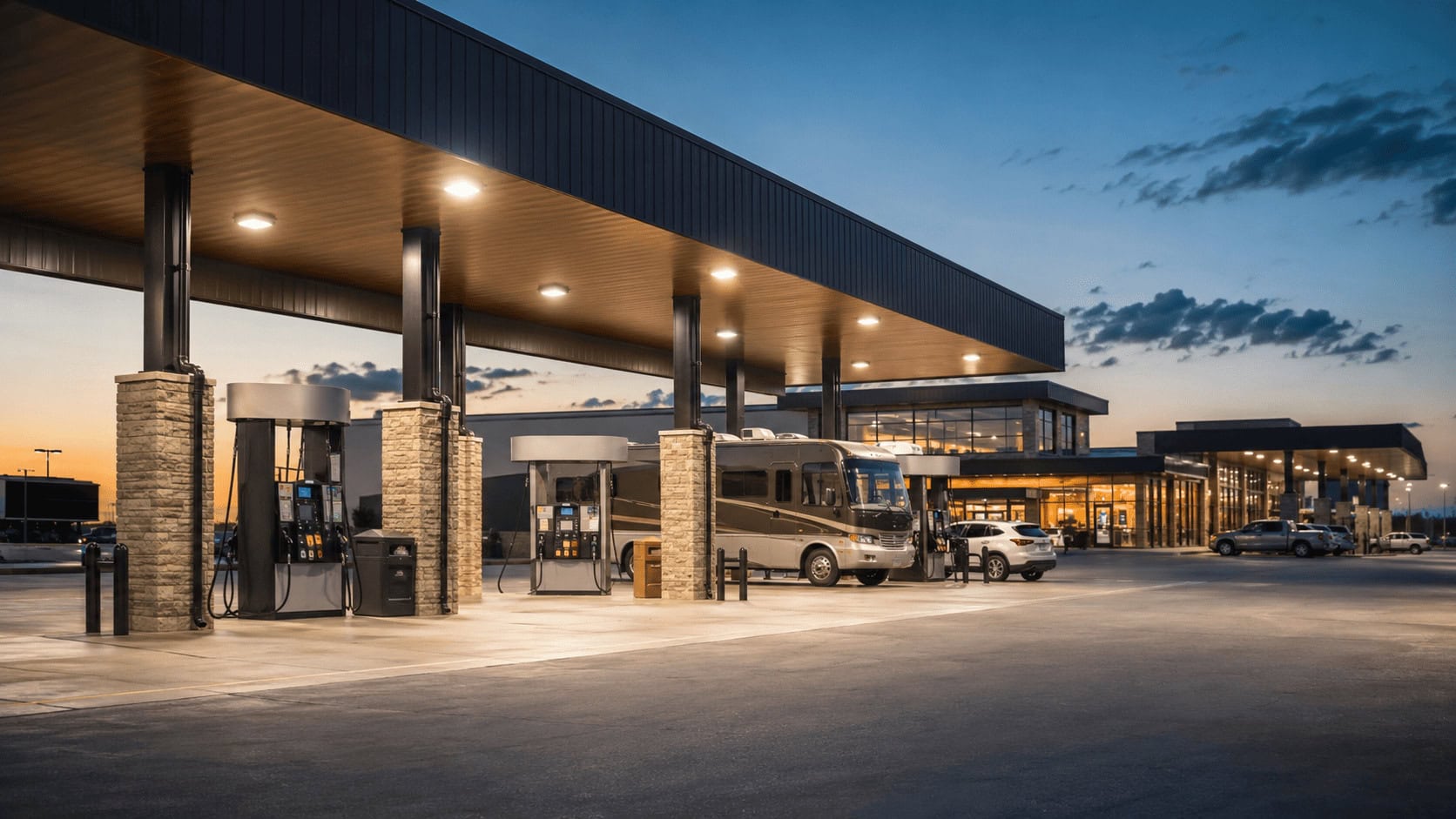 A large highway travel center with dozens of fuel pumps lit at dusk