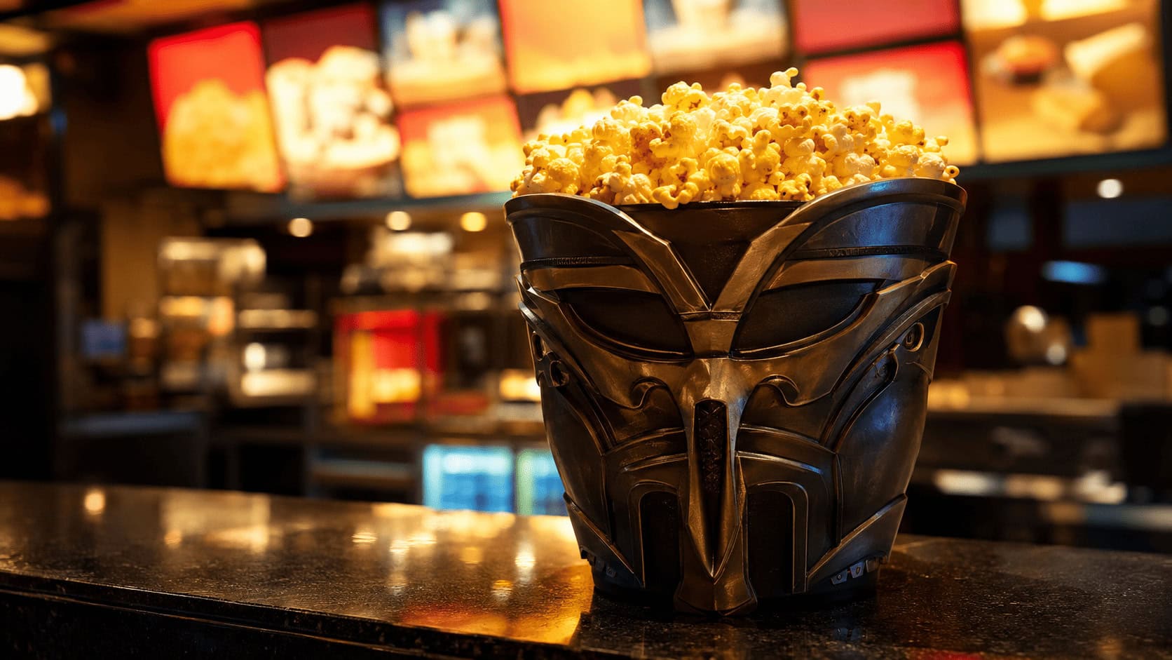 Bar chart comparing AMC's 2025 average revenue per moviegoer ($22.10) against the $50 and $70 shelf prices of collectible "Odyssey" popcorn buckets.