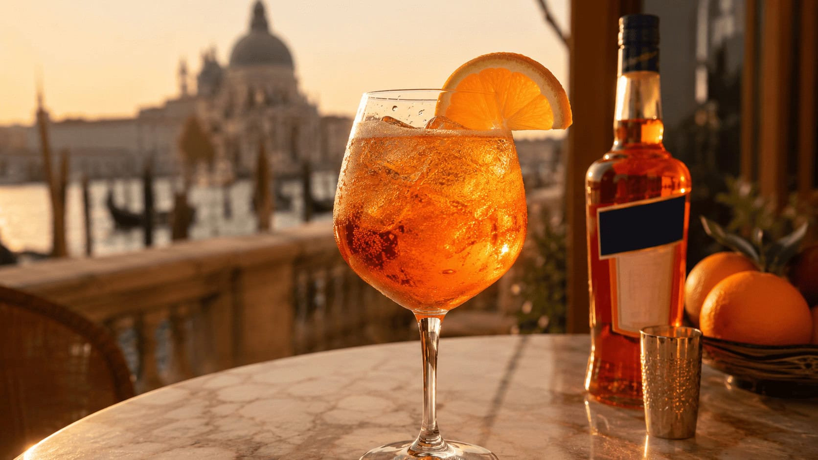 Chilled Aperol Spritz in a wine glass with an orange slice on an Italian terrace bar at golden hour, an Aperol bottle blurred in the background, illustrating Campari's aperitivo occasion strategy.