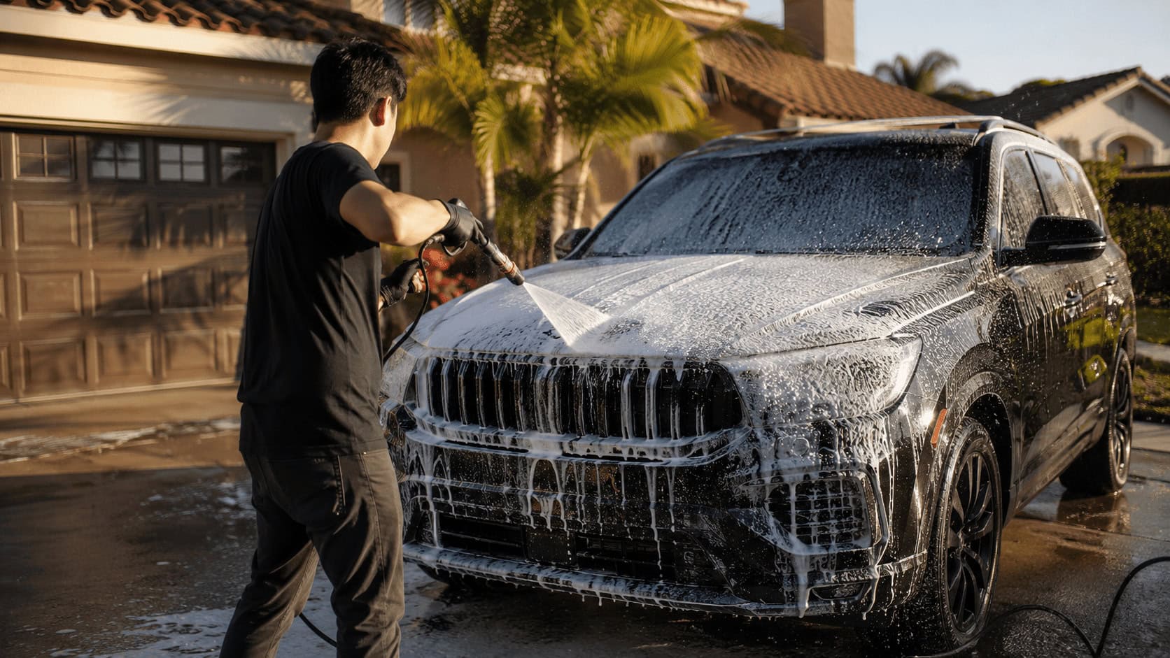 Young car detailer pressure-washing foam across an SUV hood in a suburban driveway