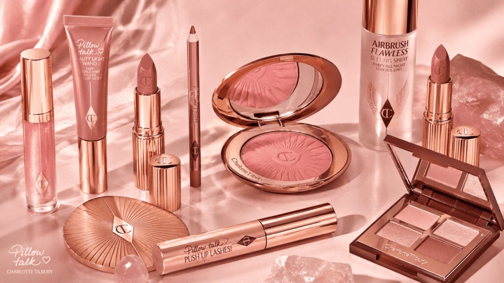 Charlotte Tilbury Pillow Talk lipsticks and makeup products on display