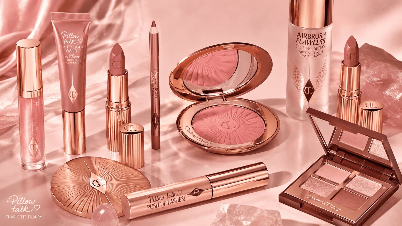 Charlotte Tilbury Pillow Talk lipsticks and makeup products on display