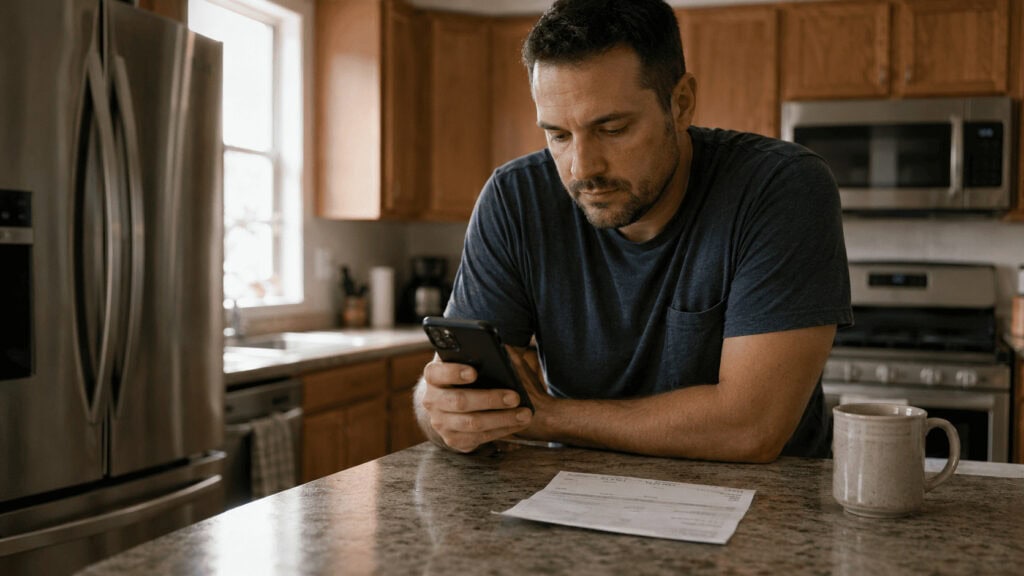 A person in a suburban kitchen checking a mobile banking app on a smartphone next to a paper paycheck stub, illustrating Chime's everyday American target customer.