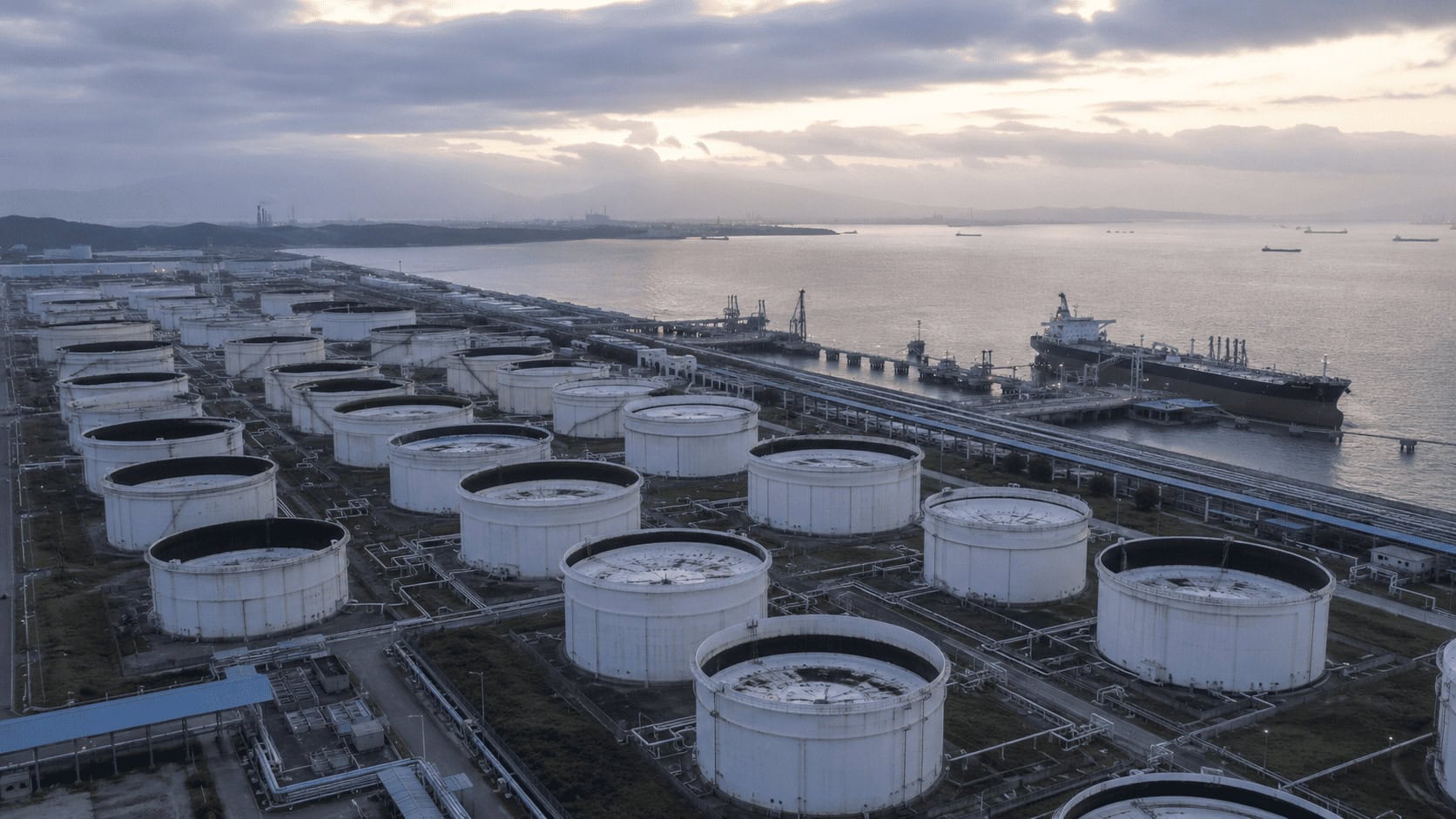 Aerial view of a large crude oil storage tank farm in China with a tanker docked at the coastal terminal