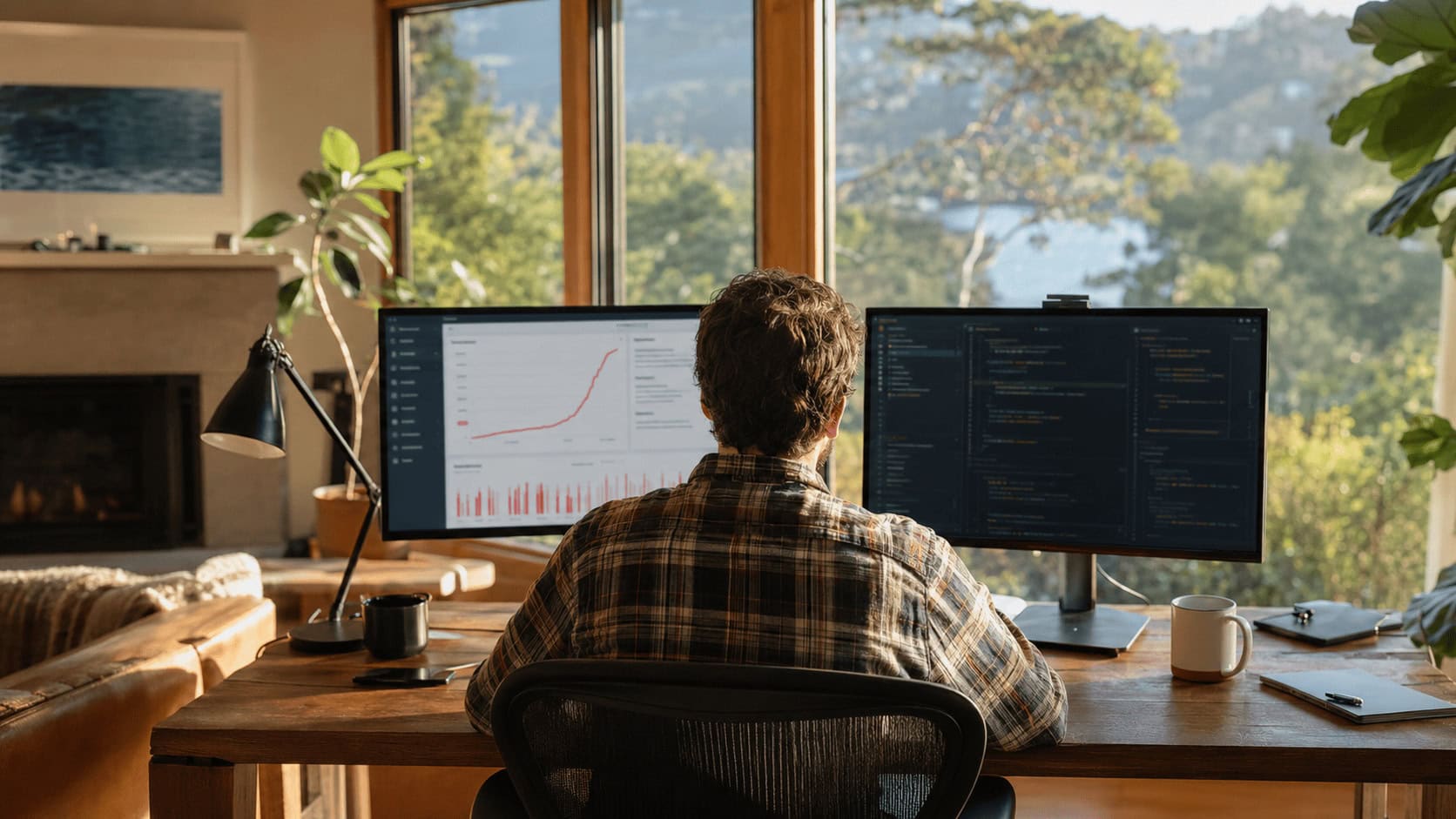 Solo founder at a sunlit home-office desk facing a climbing API cost chart while switching code to cheaper Chinese AI models.
