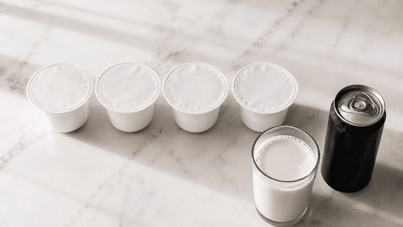 Greek yogurt cups, oat milk, and iced coffee representing Chobani's product portfolio