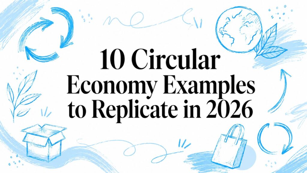 Illustration of circular economy concepts with arrows, leaves, and recycling symbols.