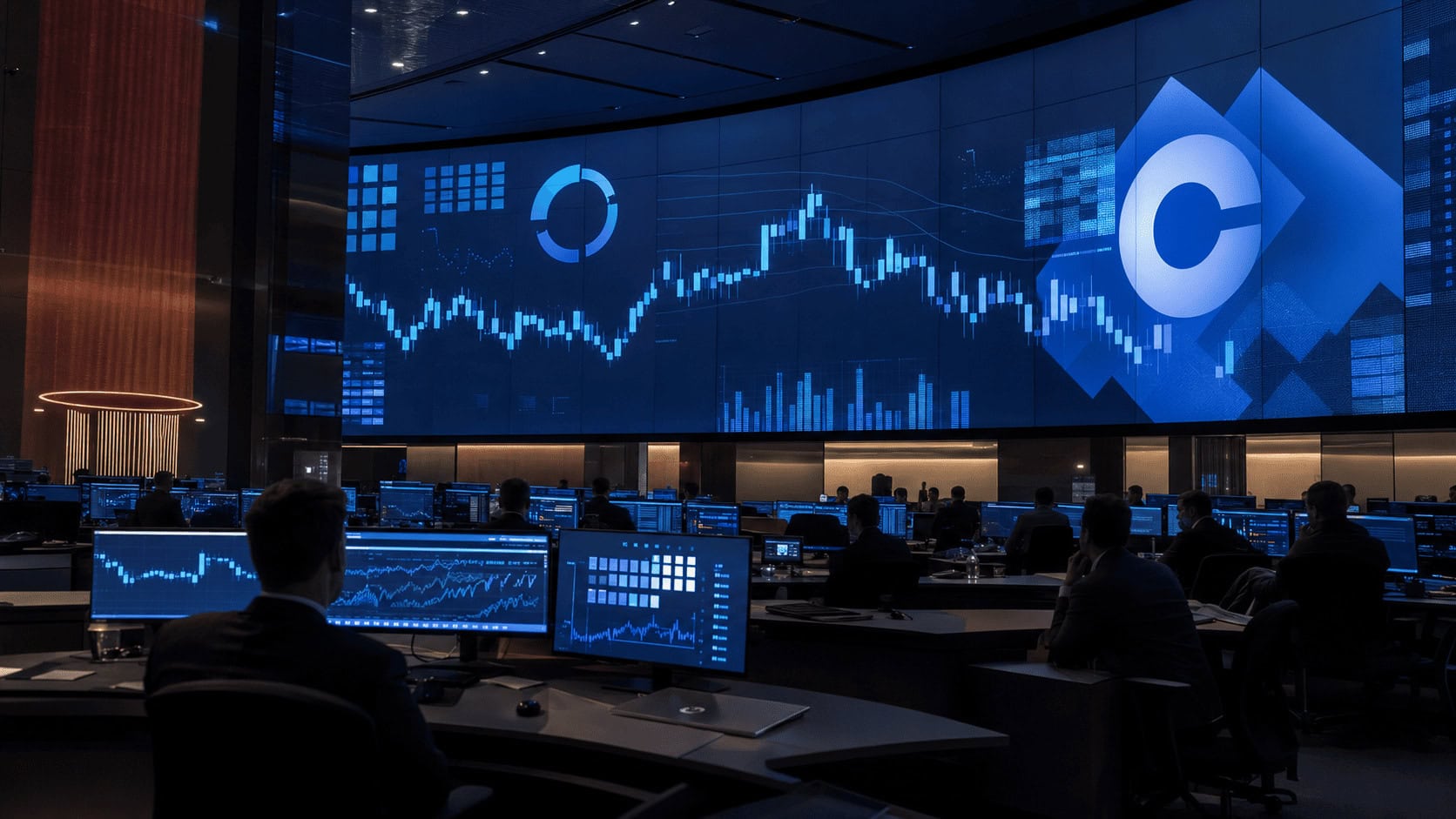 Coinbase SWOT analysis 2026: institutional trading floor with a blue COIN ticker and crypto chart on a large video wall.