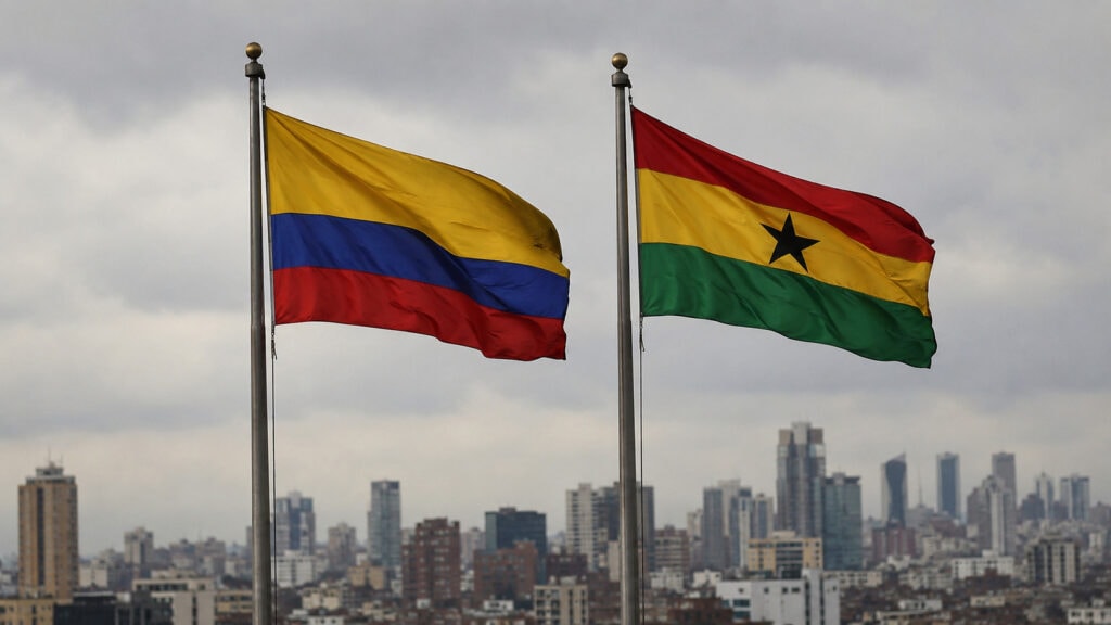 Colombia vs Ghana economy comparison chart: Colombia wins GDP and per-capita income, Ghana wins growth, inflation, fiscal balance, and demographics.