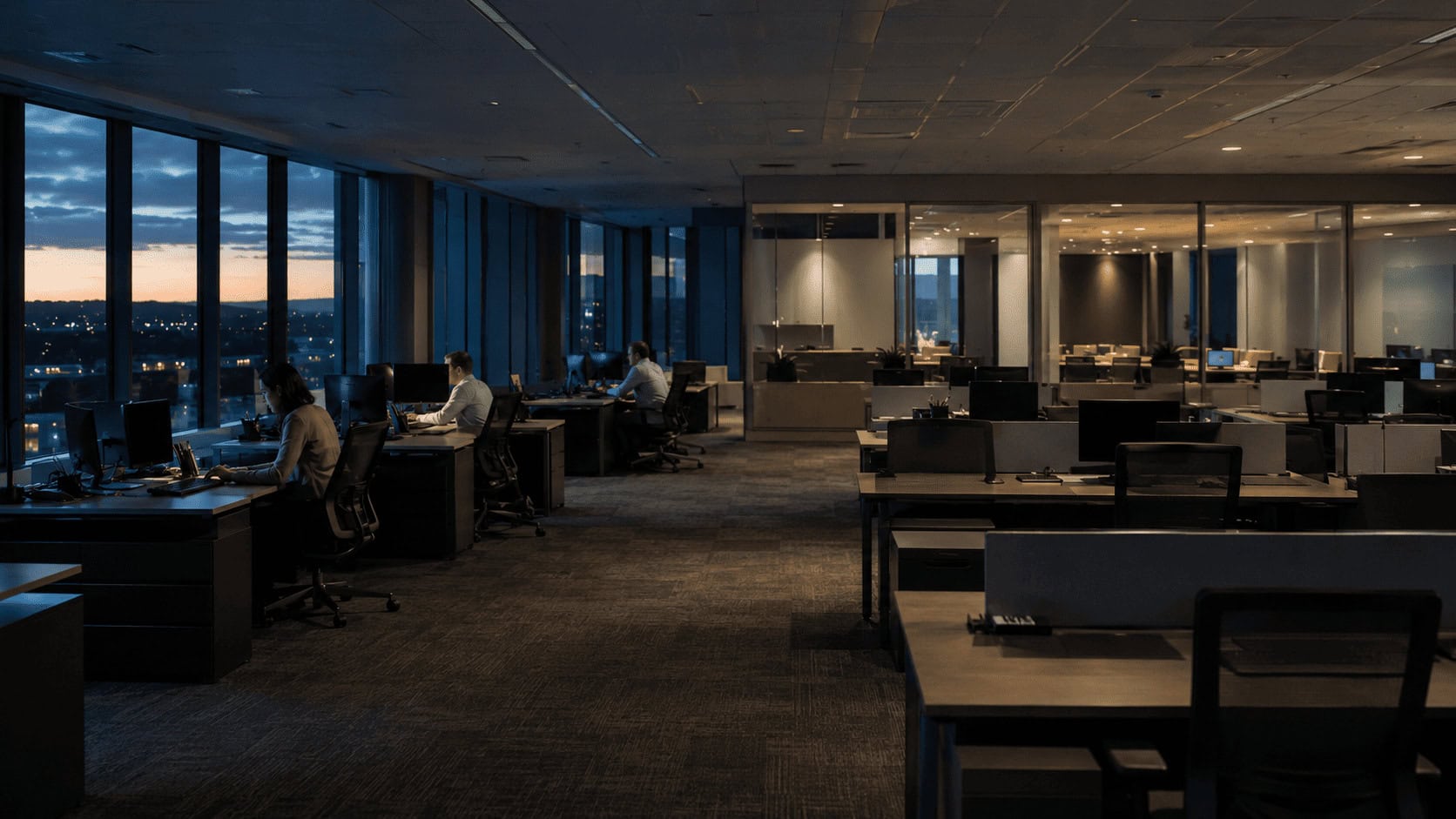 Half-empty office floor at a US government contracting firm with a few analysts still at their desks"