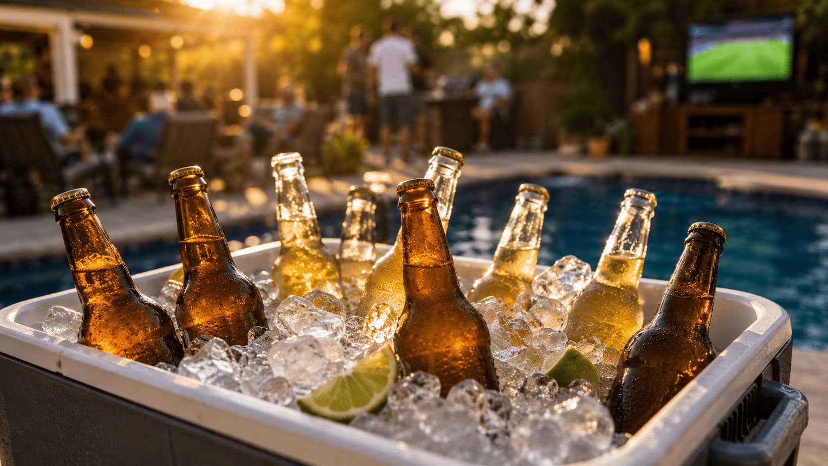 Unbranded beer bottles chilling in an ice cooler at a summer poolside gathering, illustrating Constellation Brands' focus on winning the summer beer occasion