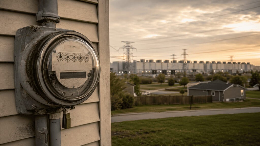 Home electricity meter on a suburban house with a large AI data center and power lines behind it, illustrating how data centers raise electricity bills