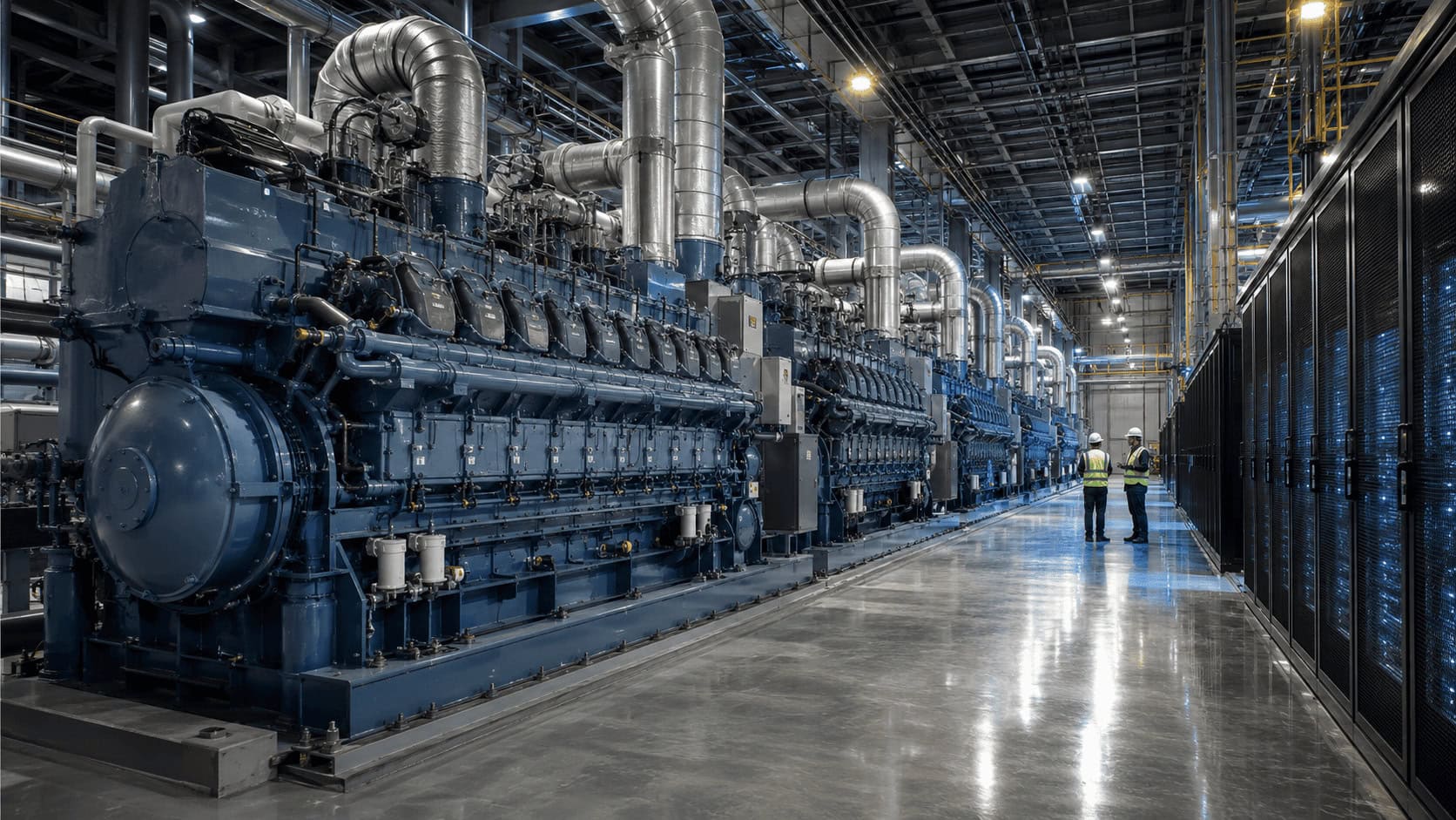 Natural-gas reciprocating engines powering a data center off-grid, rows of engine blocks in an industrial power hall
