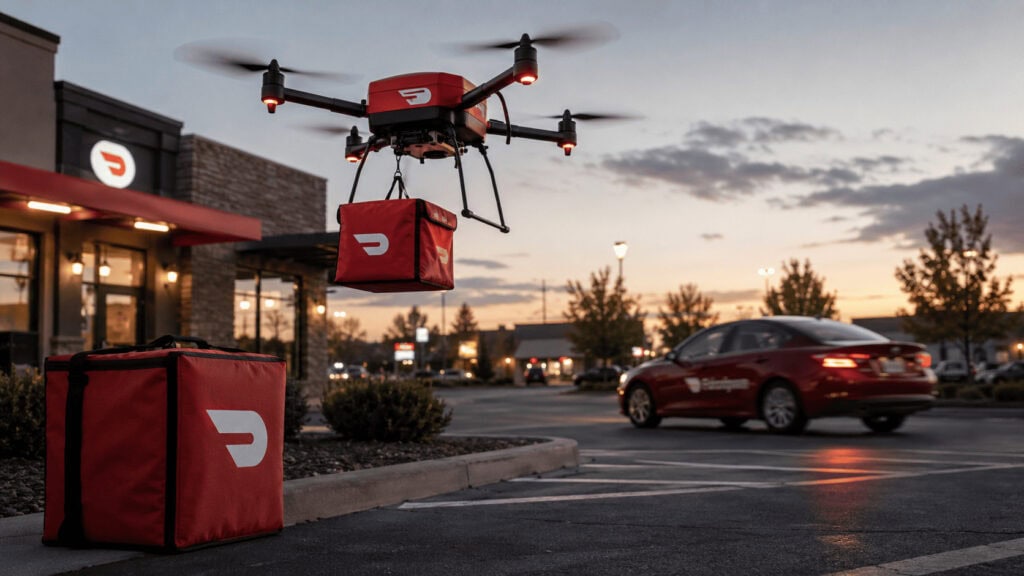 DoorDash Air delivery drone taking off outside a restaurant at dusk, illustrating DoorDash drone delivery