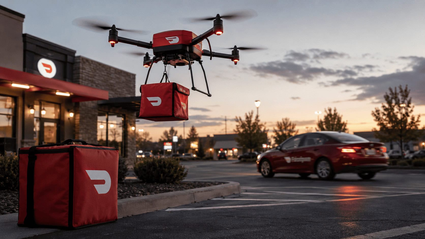 DoorDash Air delivery drone taking off outside a restaurant at dusk, illustrating DoorDash drone delivery