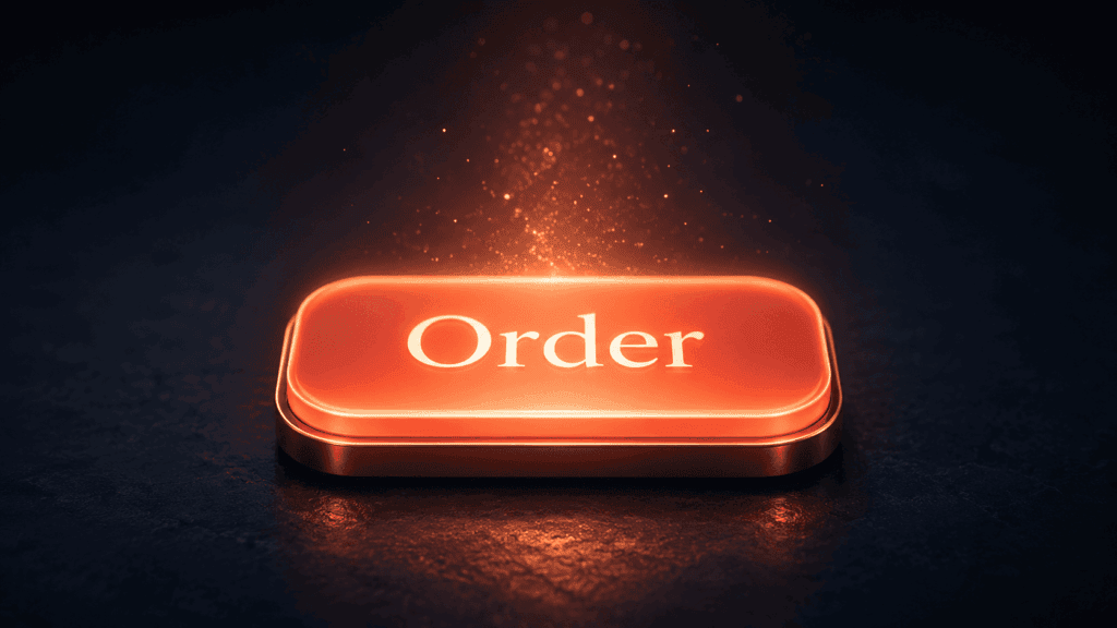 Glowing coral "Order" button on a dark navy background, symbolizing dopamine sites that sell the feeling of buying without any product.