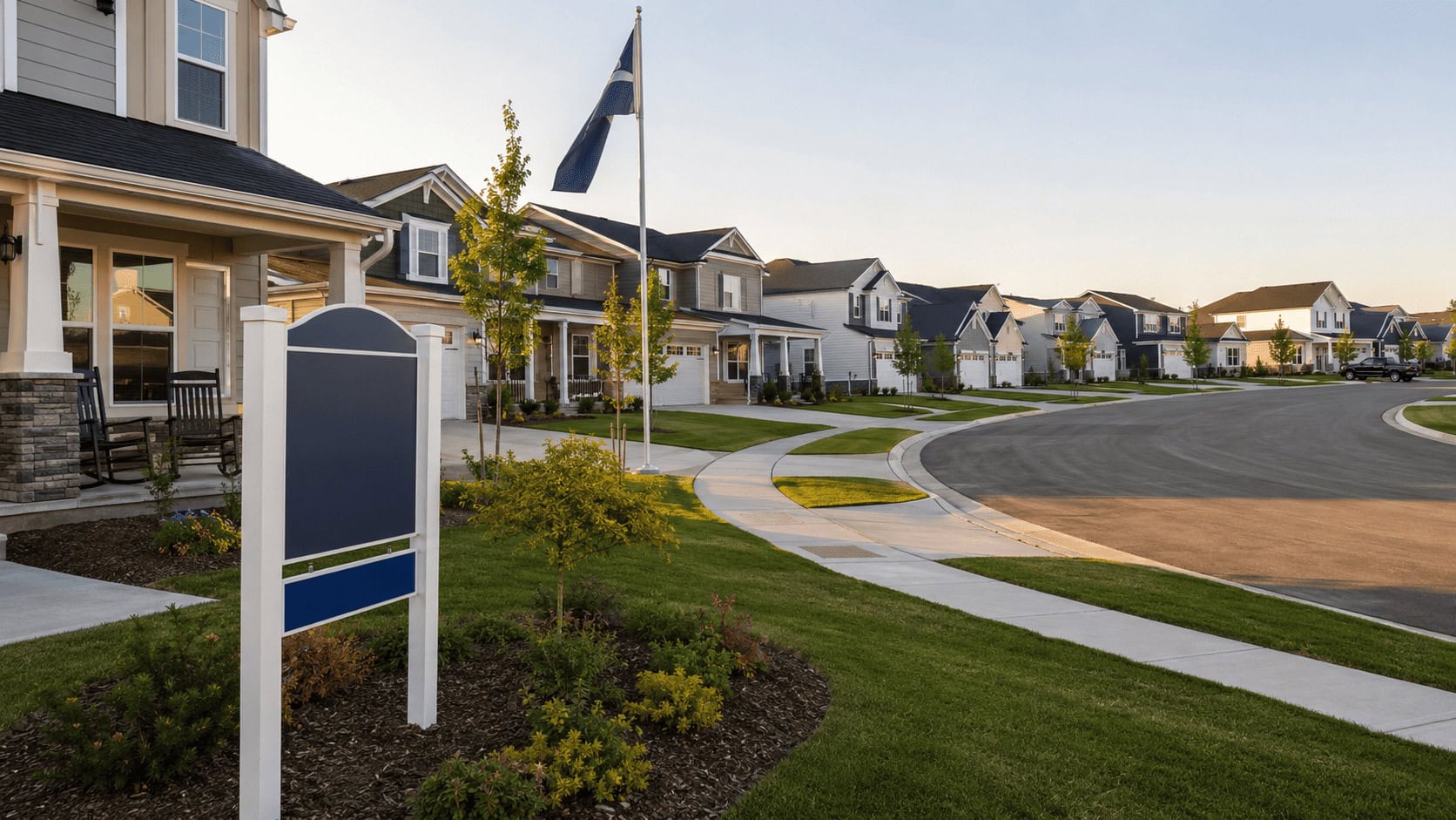 New suburban homebuilder community with a sales and financing sign in the foreground.