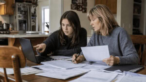 Parent and high school senior at a kitchen table reviewing college financial aid paperwork and net price estimates on a laptop