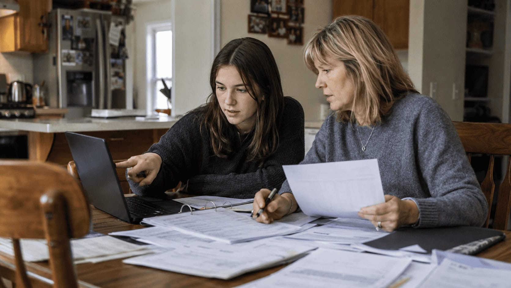 Parent and high school senior at a kitchen table reviewing college financial aid paperwork and net price estimates on a laptop