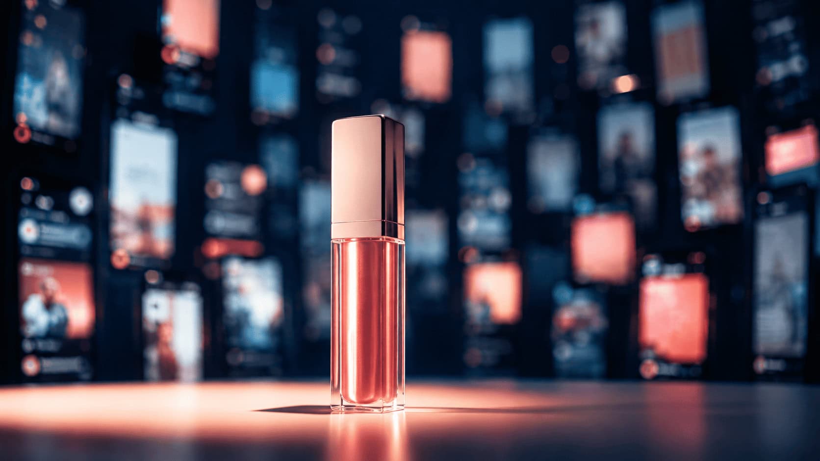 e.l.f. Beauty marketing strategy: a single cosmetics product spotlit against a wall of glowing social media screens