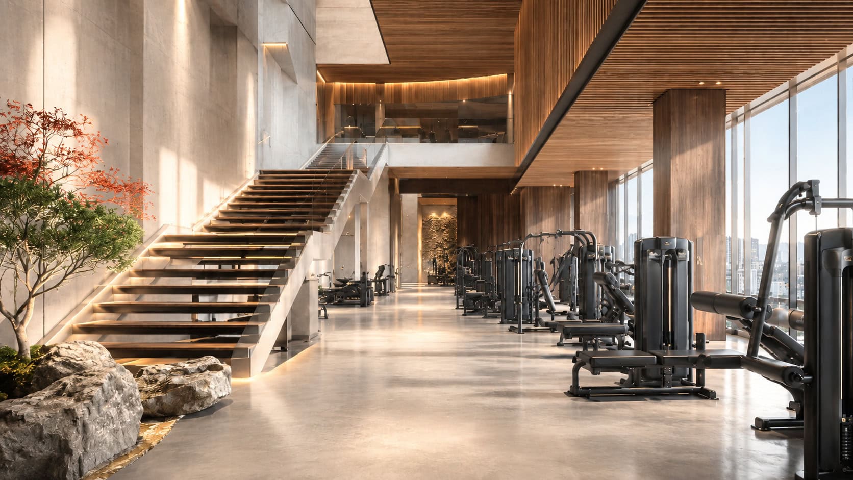 Luxury Equinox-style fitness club interior with an ascending staircase, illustrating the brand's tiered spending ladder business model