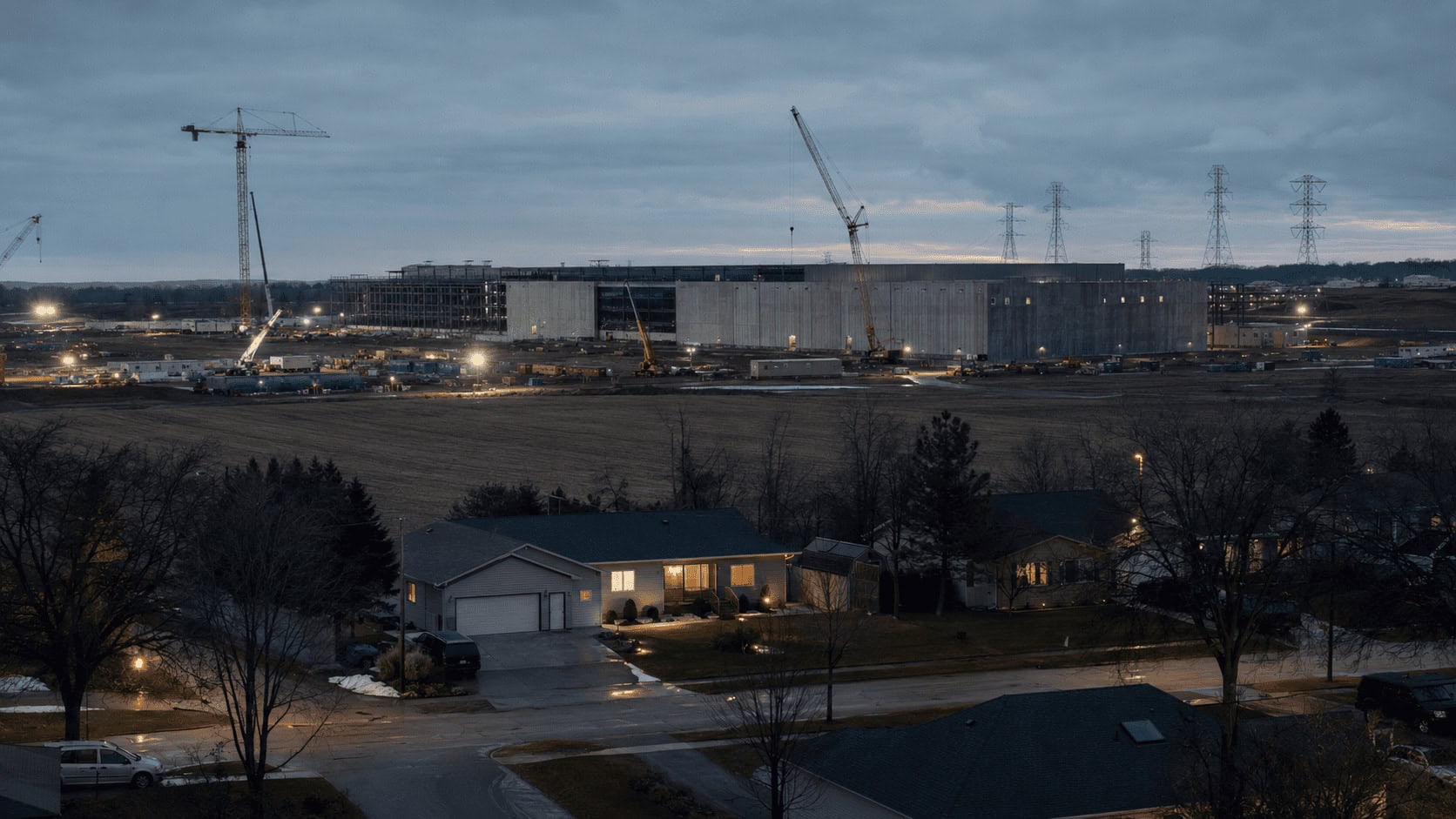 A large AI data center under construction beside a quiet residential neighborhood at dusk.