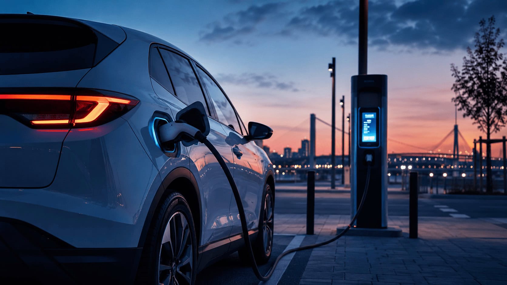 An electric vehicle connected to a public DC fast-charging station in the early evening.