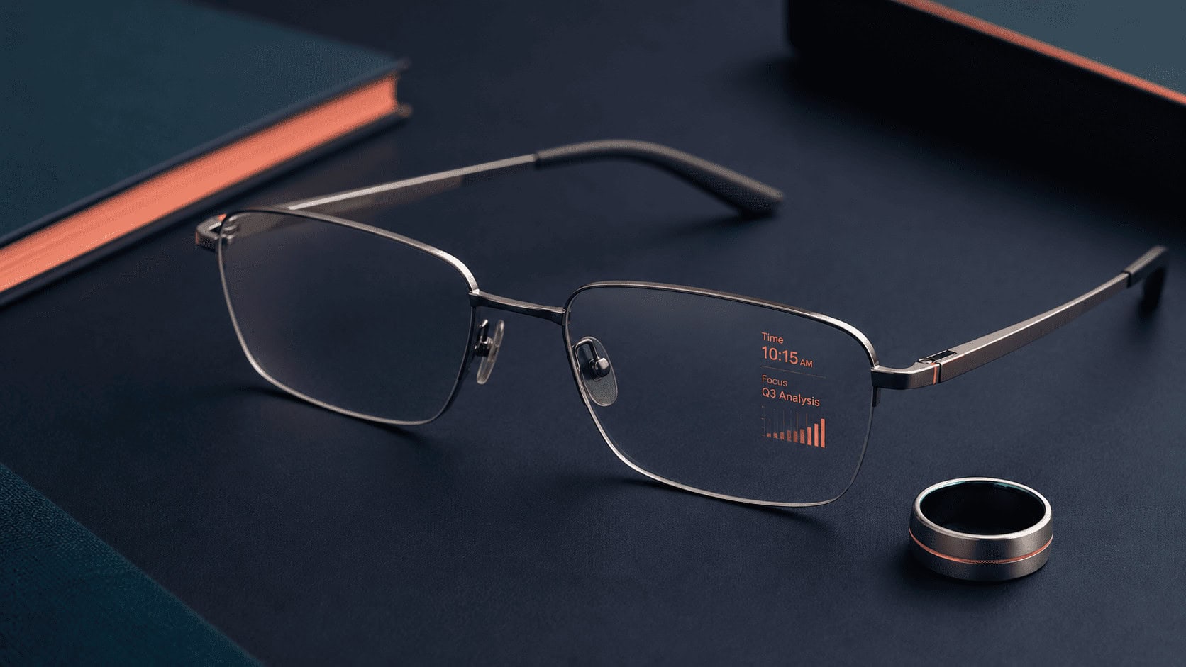 A pair of thin, camera-free smart glasses with a faint amber heads-up display glow, shown beside a slim metal control ring on a matte navy surface, illustrating Even Realities' premium display-first design.