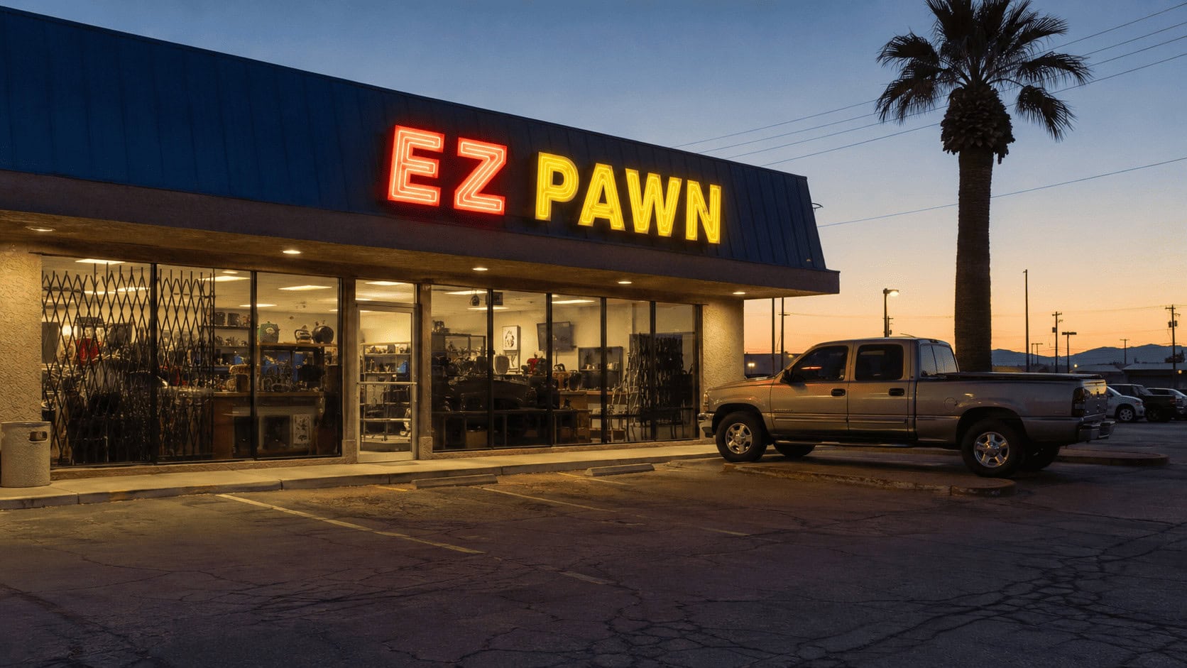 Exterior of an American pawnshop store at dusk with a lit sign and a pickup truck parked outside