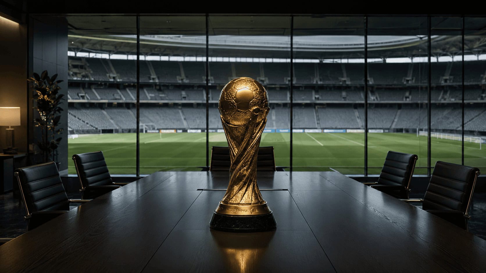 FIFA World Cup trophy on a corporate boardroom table with an empty stadium pitch visible through the window behind it.