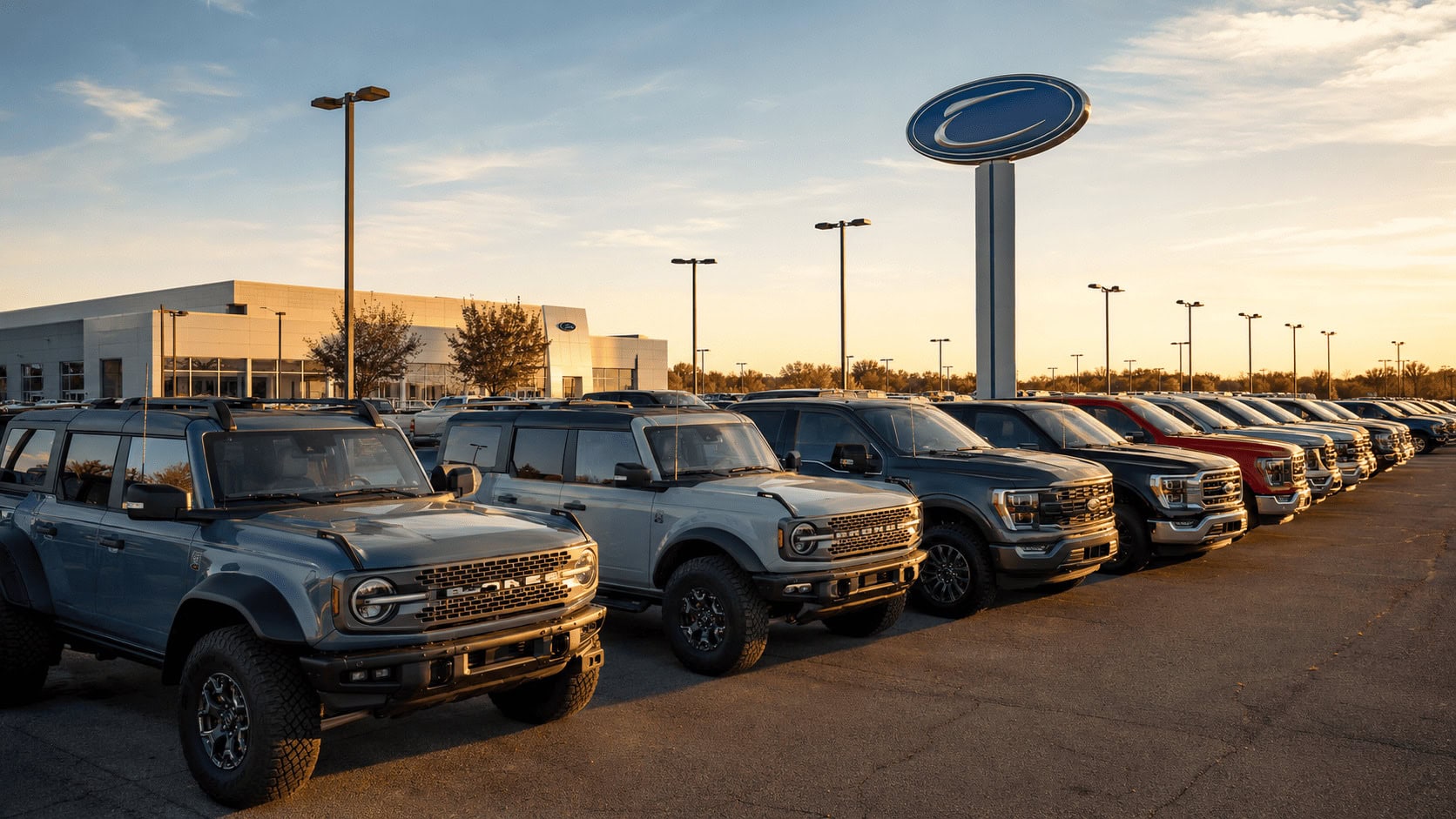 Ford pickup trucks and SUVs lined up on a dealership lot after Ford Q2 2026 earnings showed falling sales and a raised profit forecast.