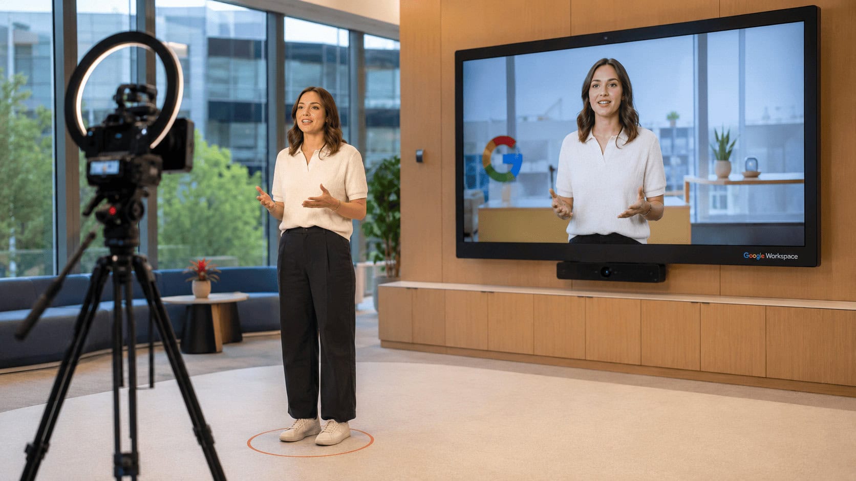 A presenter stands beside a wall screen showing their AI-generated digital avatar inside Google Vids