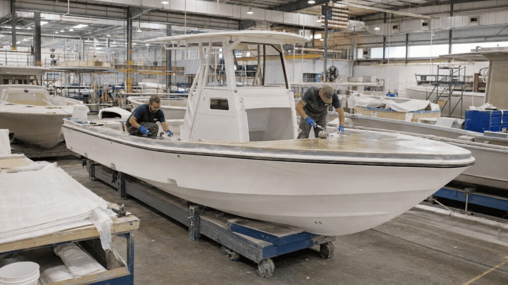 Workers building a premium offshore fishing boat inside the Grady-White Boats factory in Greenville, North Carolina, after owner Eddie Smith transferred the company to a perpetual purpose trust