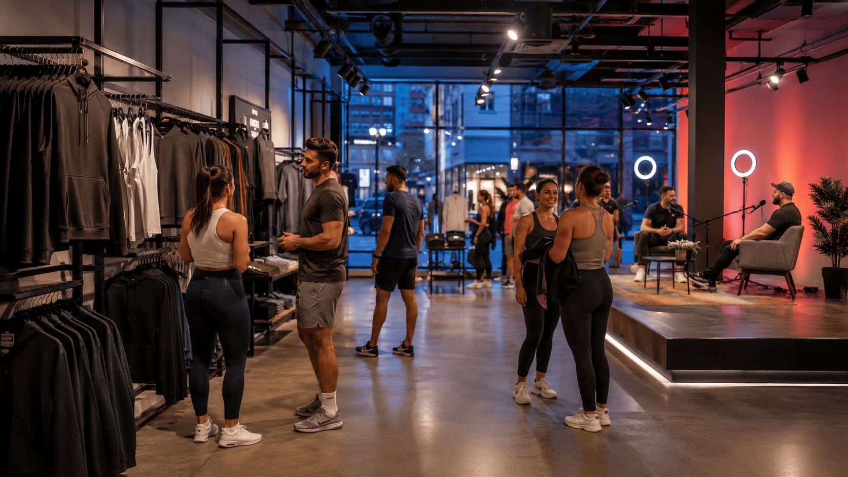 Shoppers inside a modern fitness apparel flagship store with an open community event and training space.