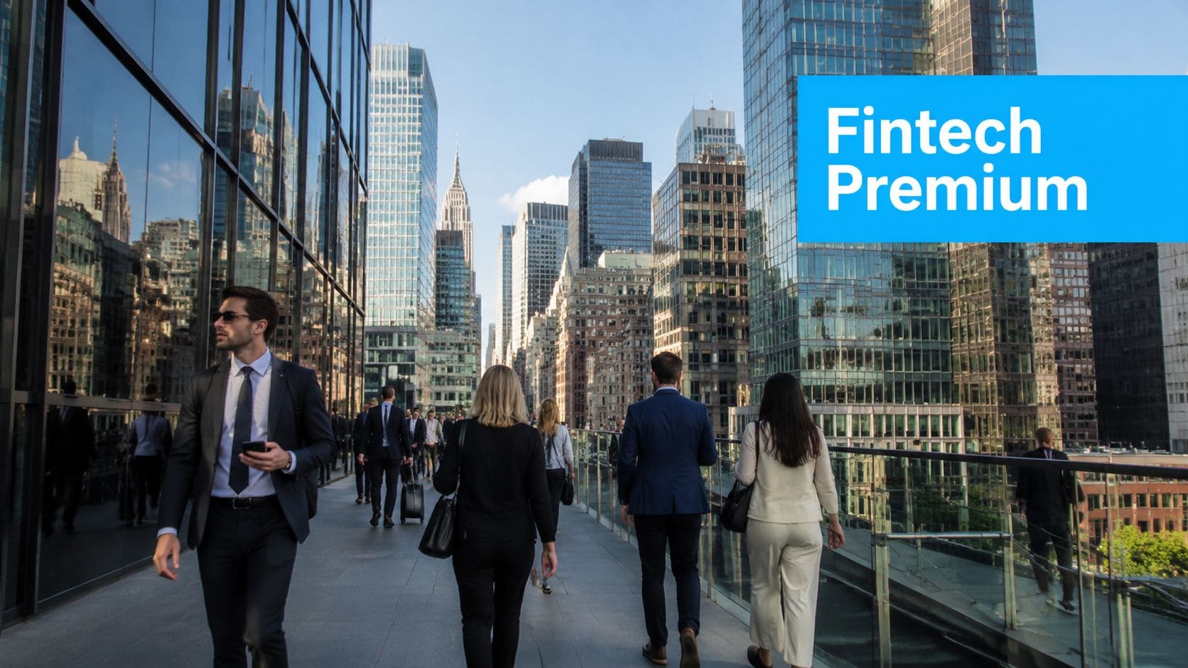 Business professionals walking in a city with skyscrapers and fintech branding.