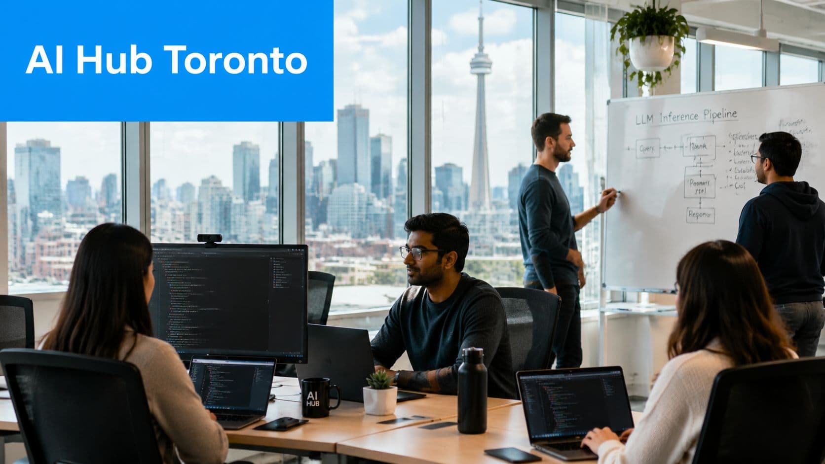 Team collaborating in a modern Toronto office with city skyline view.